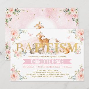 Pink Gold Woodland Animals Blush Floral Baptism Invitation