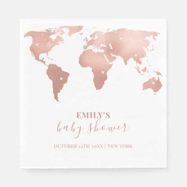 Pink Gold World Map Travel Adventure Baby Shower  Napkin (Front)