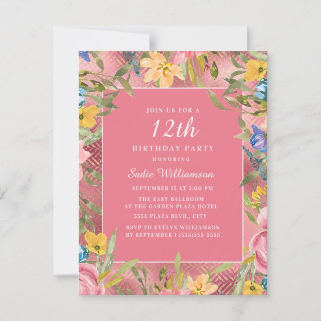 Pink Gold Yellow Blue Floral 12th Birthday Invitation (Front)
