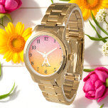 Pink Gold Yellow Glitter  Watch<br><div class="desc">Pink Yellow Glitter Wrist Watch with Pink, Yellow, Gold, Glitter Sparkle background, name, initial, monogram. You can use this personalized watch for everyday wear or for occasions like wedding, bridal shower, quinceanera, bridesmaid gifts, anniversary. Use personalize this template option to change the text | Use CUSTOMIZE FURTHER option to change...</div>