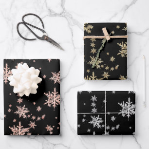 Pink Gold Yellow Gold Silver Snowflakes Black Wrapping Paper Sheet