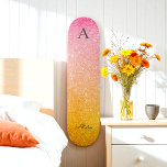 Pink Gold Yellow Ombre Glitter Skateboard<br><div class="desc">Pink Gold Yellow Glitter Skateboard with name and monogram. Use personalize this template option to change the text | Use customize further option to change the text style and size. If you don’t need text, delete it.</div>