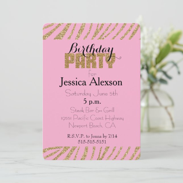 Pink Gold Zebra Print Faux Glitter Birthday Invitation (Standing Front)