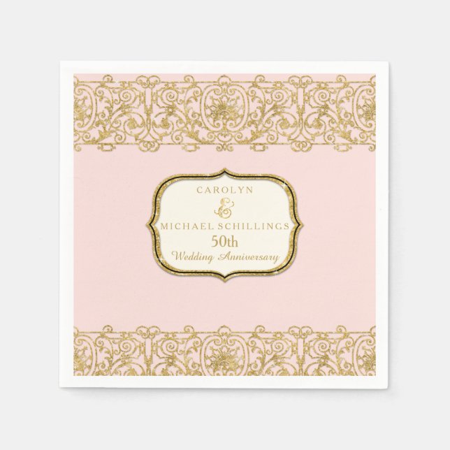 Pink Golden 50th Wedding Anniversary Celebration Napkin (Front)