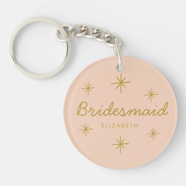 Pink Golden Calligraphy Stars Bridesmaid gift Keychain (Front)