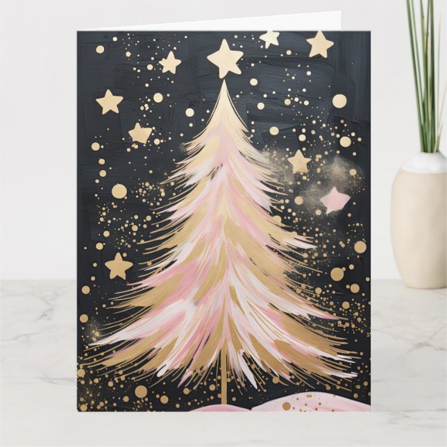 Pink Golden Christmas Tree Card (Front)