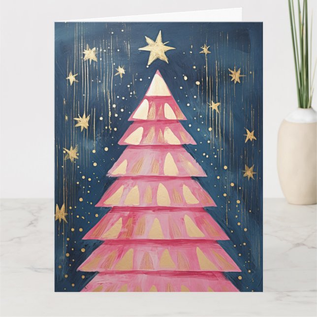 Pink Golden Christmas Tree Card (Front)