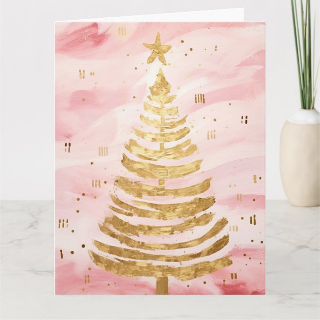 Pink Golden Christmas Tree Card (Front)