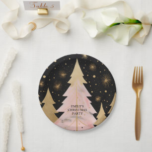 Pink Golden Christmas Tree Paper Plate