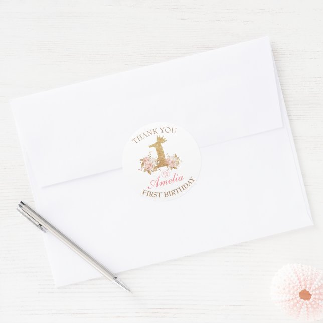 Pink Golden Crown Princess 1st Birthday Party Classic Round Sticker (Envelope)