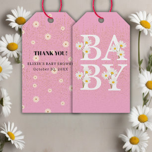 Pink Golden Daisy Glitter Glow Baby Shower Gift Tags
