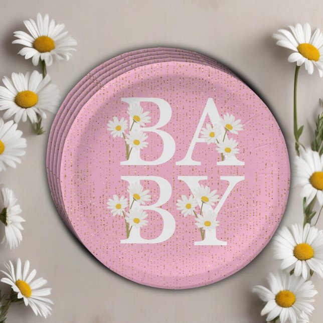 Pink Golden Daisy Glitter Glow Baby Shower Paper Plate (Creator Uploaded)