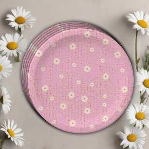 Pink Golden Daisy Glitter Glow Baby Shower Paper Plate