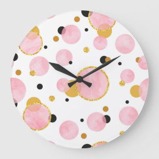 Pink Golden Dots, Geometric Vintage. Large Clock