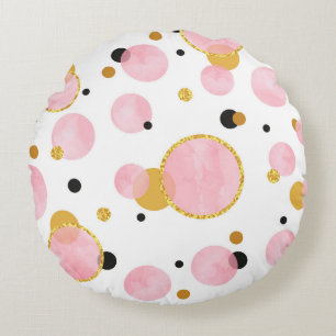 Pink Golden Dots, Geometric Vintage. Round Pillow
