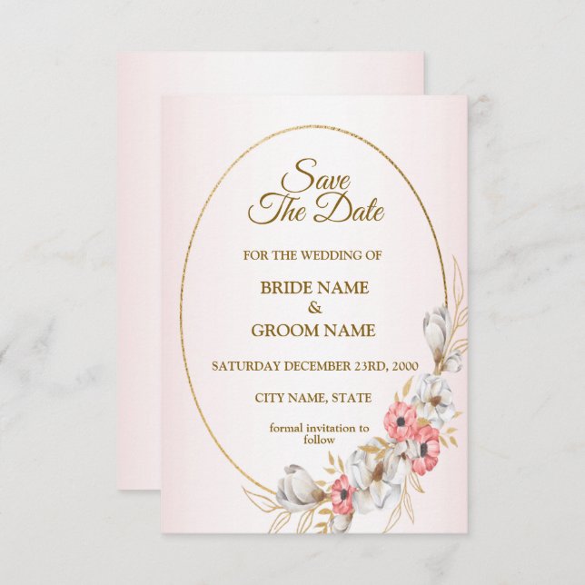 Pink Golden Floral Geometric Peach Wedding Save The Date (Front/Back)