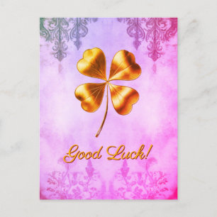 Pink Golden Four-leaf Clover Good Luck Postcard