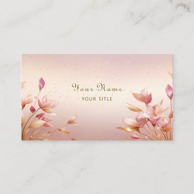 Pink Golden Leaves Floral Business Card (Front)