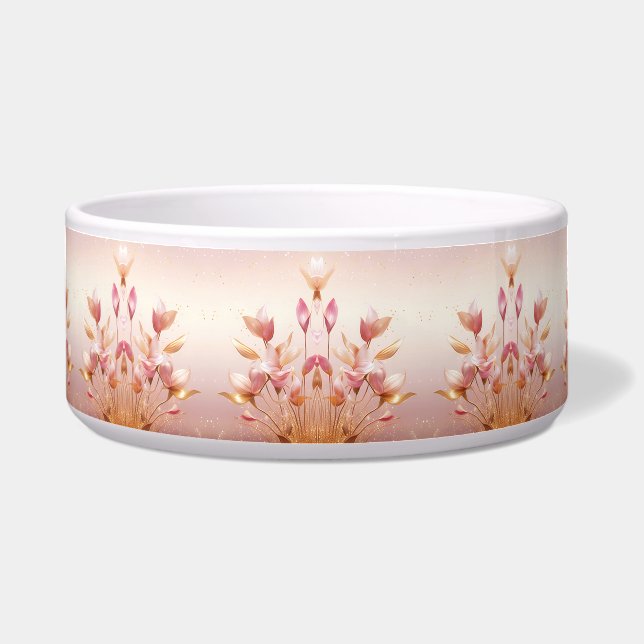 Pink Golden Leaves Floral Ceramic Pet Bowl (Front)