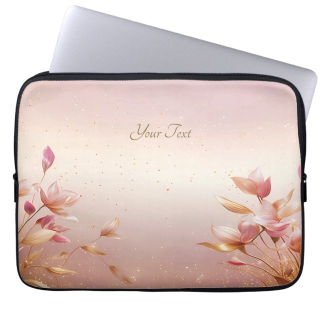 Pink Golden Leaves Floral Laptop Sleeve (Front)