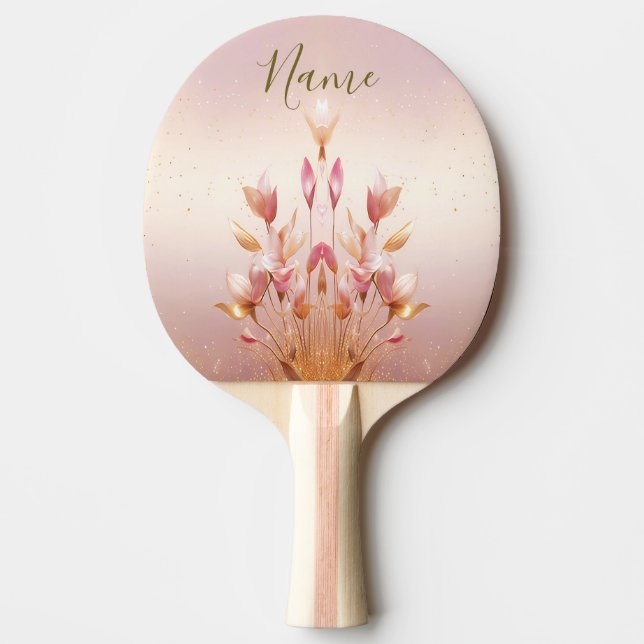 Pink Golden Leaves Floral Ping Pong Paddle (Front)