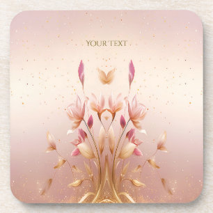 Pink Golden Leaves Floral Plastic coaster