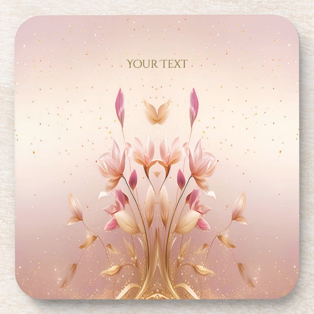 Pink Golden Leaves Floral Plastic coaster (Front)