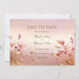 Pink Golden Leaves Floral Save The Date