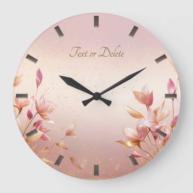 Pink Golden Leaves Floral Wall Clock (Front)
