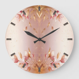 Pink Golden Leaves Floral Wall Clock