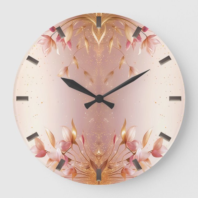 Pink Golden Leaves Floral Wall Clock (Front)