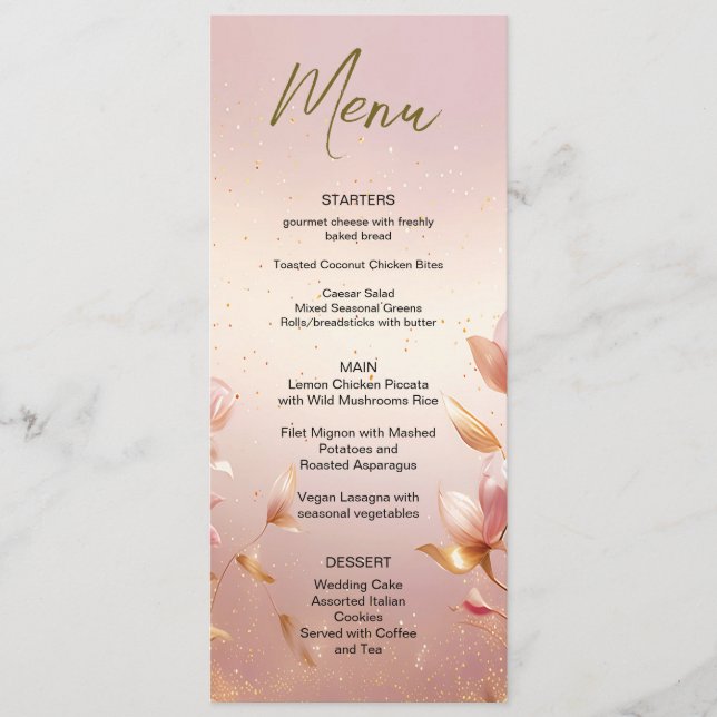 Pink Golden Leaves Floral Wedding Menu (Front)