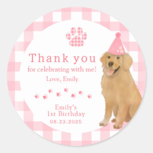 Pink Golden Retriever First Birthday Party Favour Classic Round Sticker