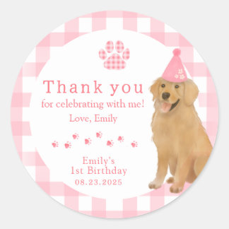 Pink Golden Retriever First Birthday Party Favour Classic Round Sticker