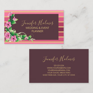 Pink Golden Stripes Lines Floral Business Card