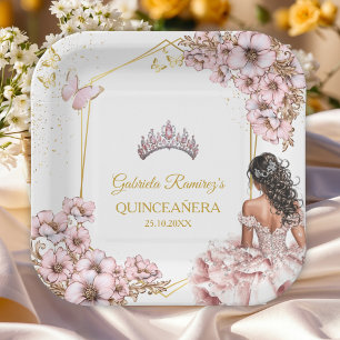 Pink Golden Tiara Butterfly Quinceañera Paper Plate