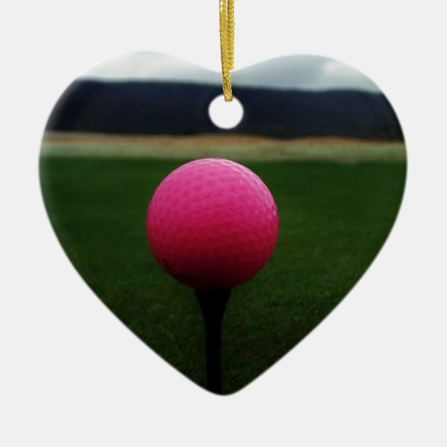 Pink Golf Ball on a mountain golf course Ceramic Ornament (Front)