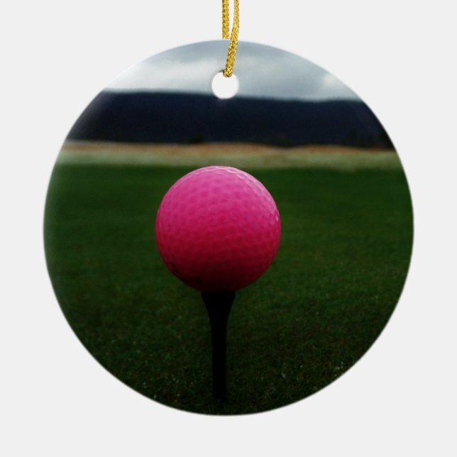 Pink Golf Ball on a mountain golf course Ceramic Ornament (Front)