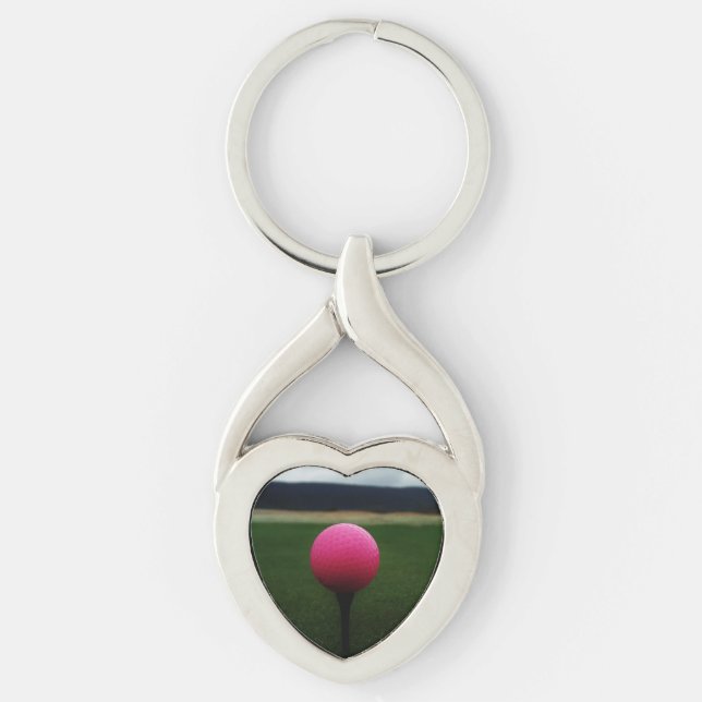 Pink Golf Ball on a mountain golf course Keychain (Front)
