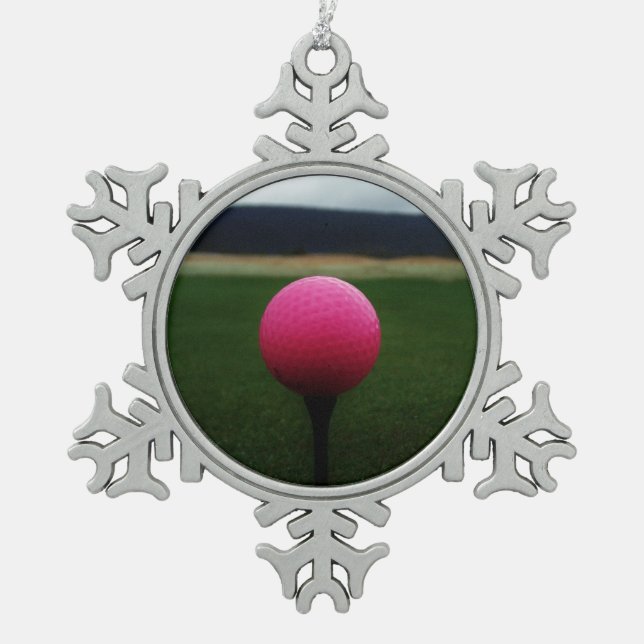 Pink Golf Ball on a mountain golf course Snowflake Pewter Christmas Ornament (Front)