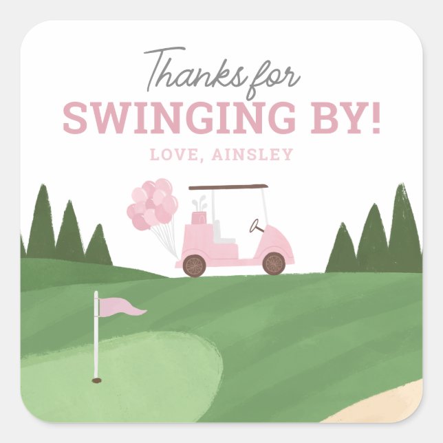 Pink Golf Birthday Party Square Sticker (Front)
