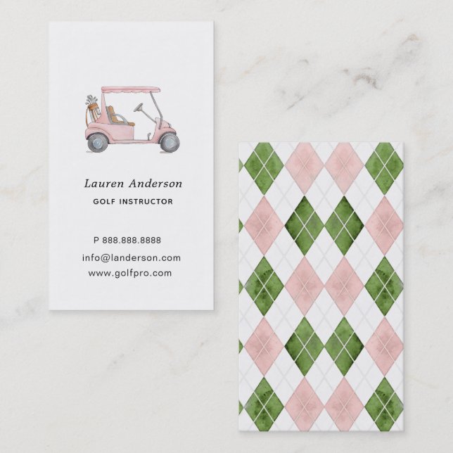 Pink Golf Cart and Bag Golf pro or Instructor  Business Card (Front/Back)