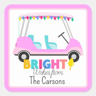 Pink Golf Cart Bright Wishes with Holiday Bulbs Square Sticker
