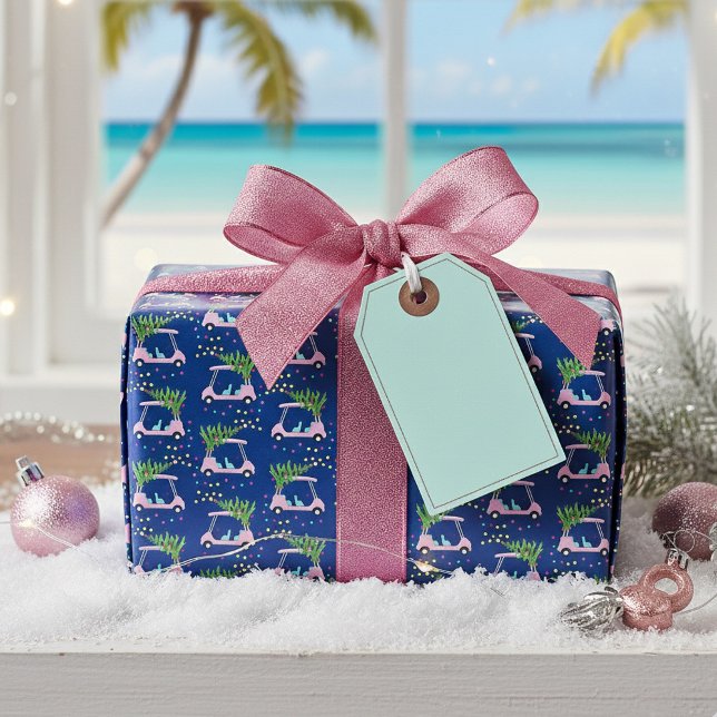 Pink Golf Cart Christmas Tree Blue Wrapping Paper (Pink Golf Cart with a Christmas Tree on top wrapping paper.)