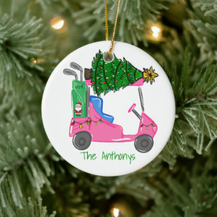 Pink Golf Cart Christmas Tree & Santa Golf Bag Ceramic Ornament