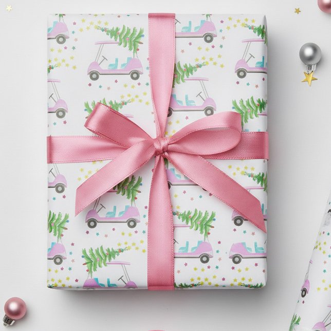 Pink Golf Cart Christmas Tree White Wrapping Paper (Fun pink golf cart with a Christmas tree on the roof. )