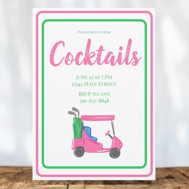 Pink Golf Cart Cocktail Party PInk Green Border Invitation (Creator Uploaded)