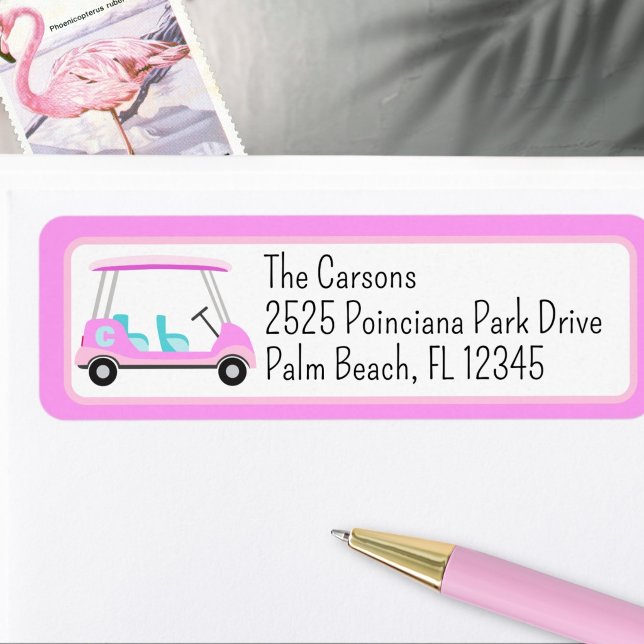 Pink Golf Cart Monogram Return Address Label (Cute pink golf cart with monogram return address label.)