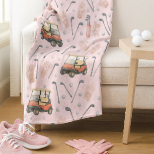 Pink Golf Cart Pattern Lady Golfer Fleece Blanket