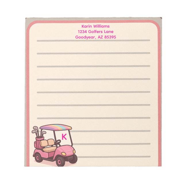 Pink Golf Cart Personalized Notepad (Front)
